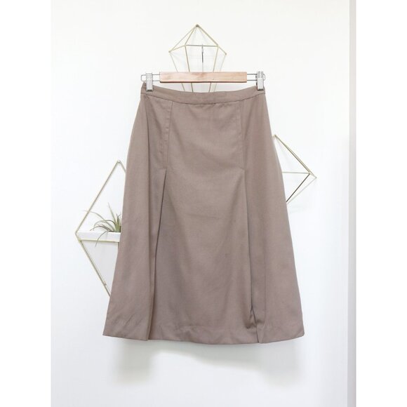 Vintage Khaki A Line Skirt, Classic Flared Cut w/ Tulip Pleats, Small Office - Picture 4 of 8